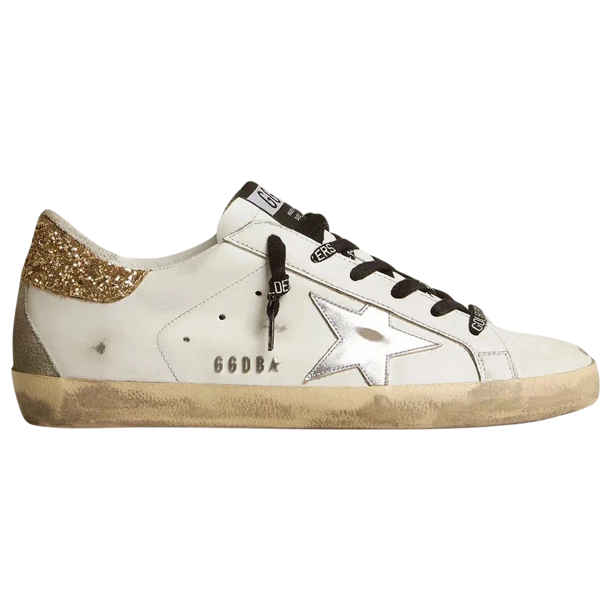 Golden Goose Super-Star White Leather Glittery Heel Tab
