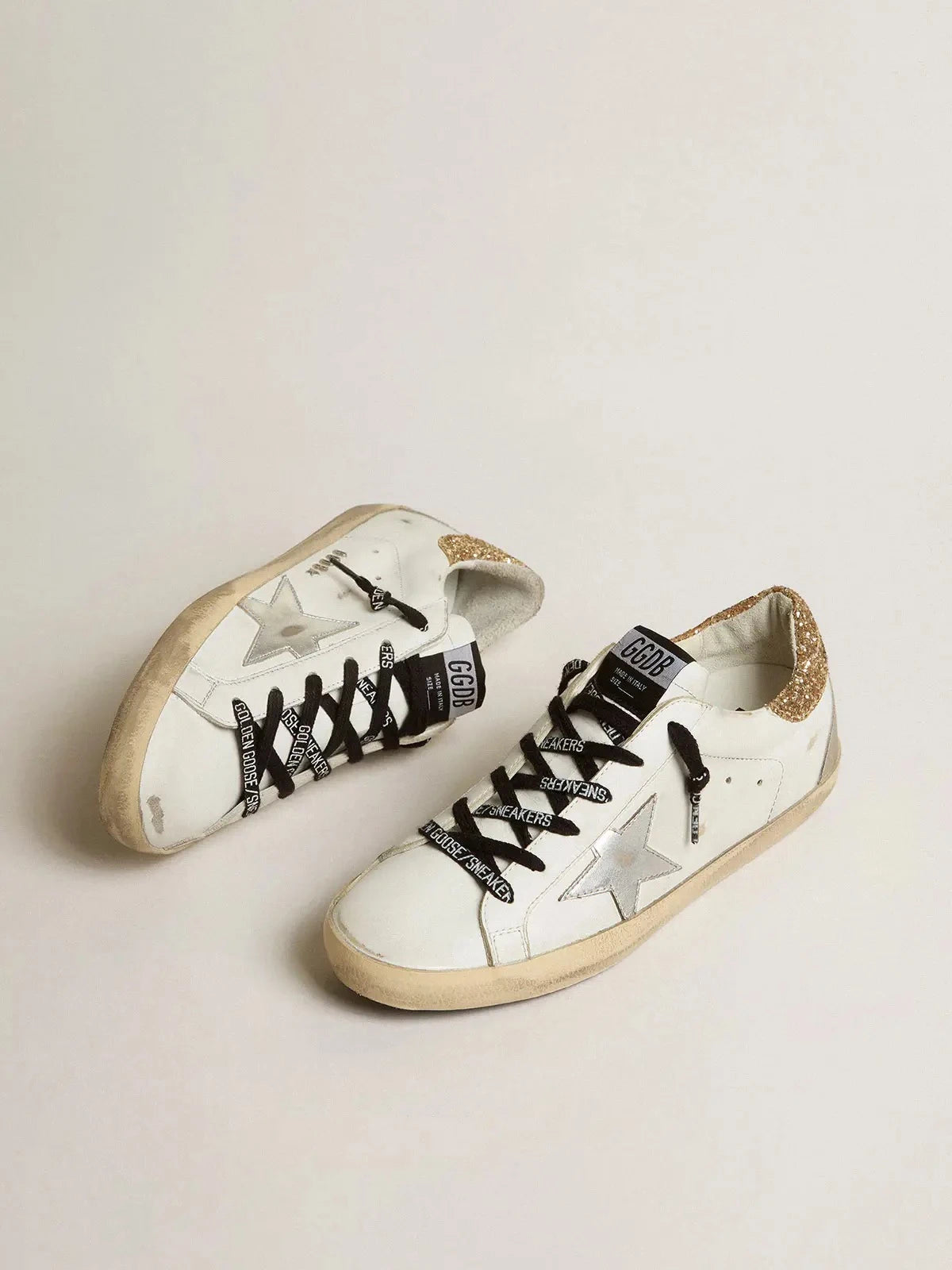 Golden Goose Super-Star White Leather Glittery Heel Tab