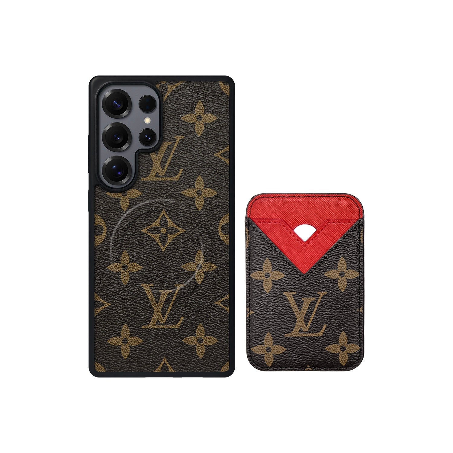 Set tarjetero MagSafe LV Monogram Marrón con Rojo