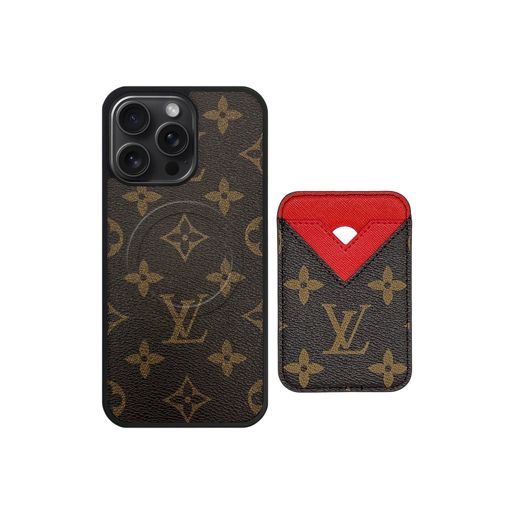 Set tarjetero MagSafe LV Monogram Marrón con Rojo