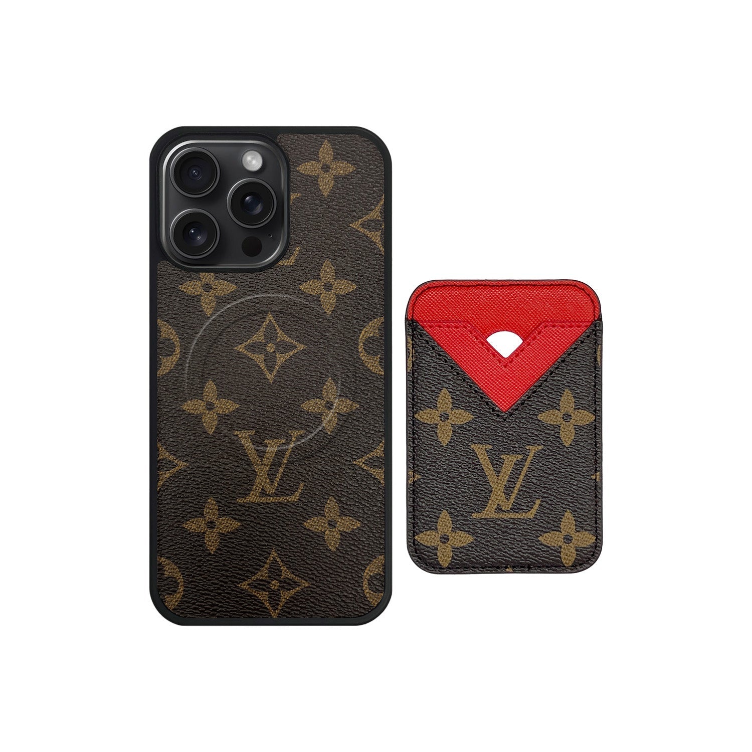 Set tarjetero MagSafe LV Monogram Marrón con Rojo